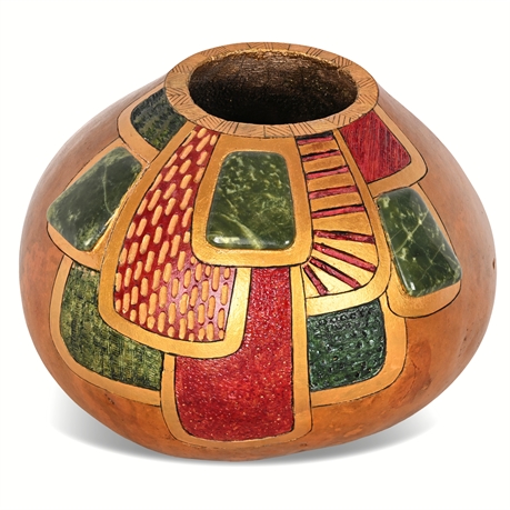 Wanda Sparks Carved & Stone-Inlaid Art Gourd Vessel