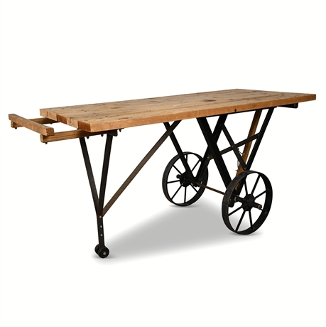 Industrial Cart Table with Antique Iron Wheels & Folding Support Leg