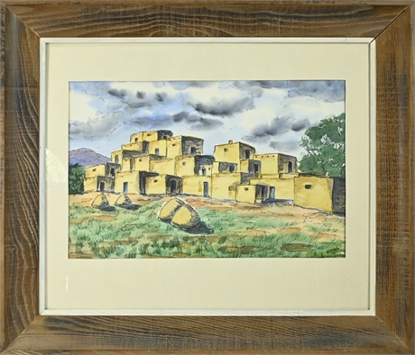 James McBride 'Taos Pueblo' Watercolor