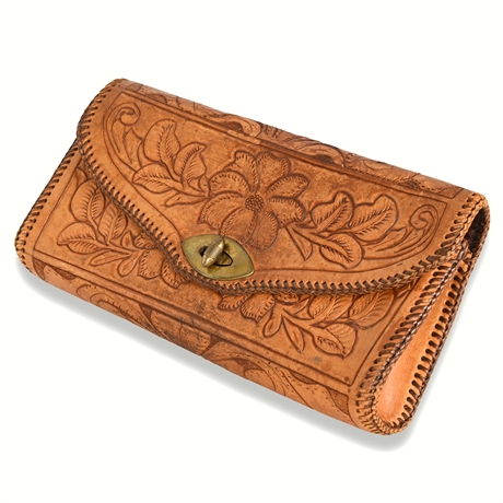 Vintage Tooled Leather Clutch with Brass Latch