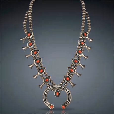 Vintage Navajo Sterling Silver Squash Blossom Necklace with Coral Naja