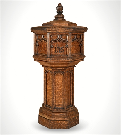 Oak Baptismal Font, Gothic Revival — Carved IHS, Copper Bowl