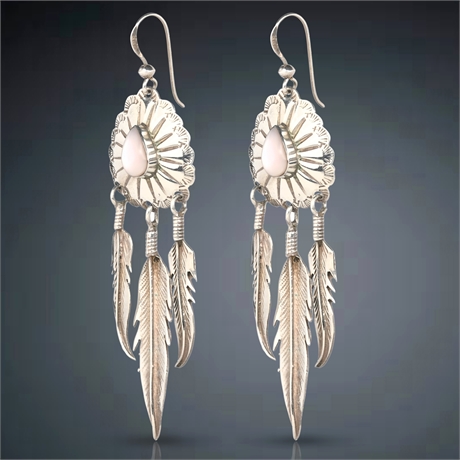 Sterling Silver Feather Earrings with Shell Inlay and Concho Design