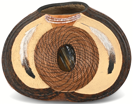 'Two Feathers' Gourd Art with Pine Needle Basketry and Agate Centerpiece
