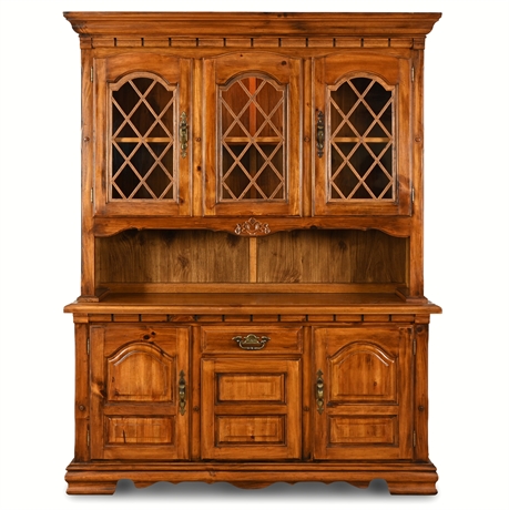 Rustic  Pine Hutch with Glass Lattice Doors and Felt-Lined Flatware Drawer