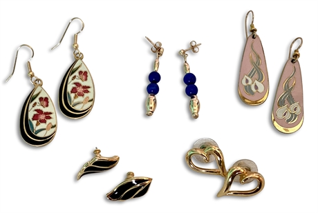 Set/5 Vintage Earrings (2 Cloisonné; Lapis; Gold & Black "Wings"; Gold Hearts)
