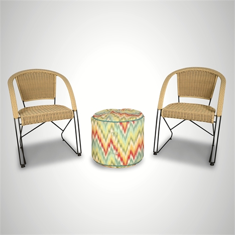 Iron & PVC Wicker Hoop Chairs with Chevron Ottoman, Set of 3