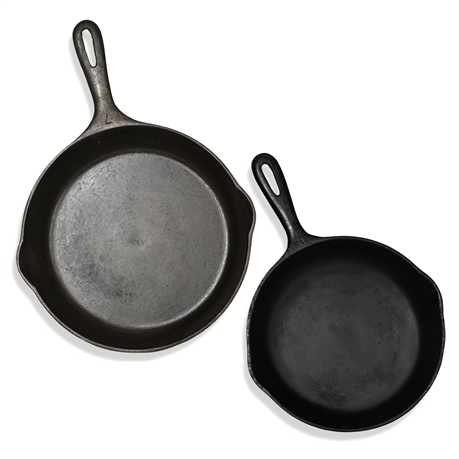 2 Wagner Cast Iron Skillets—8" & 9¾", Unmarked, USA—Marked 5 & 7 Handles