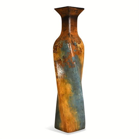 Tall Floor Vase, Faux-Patina Ceramic in Blue, Ochre & Rust