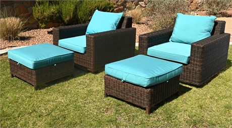 Pottery Barn Torrey Wicker Square Arm Outdoor Chairs with Ottomans