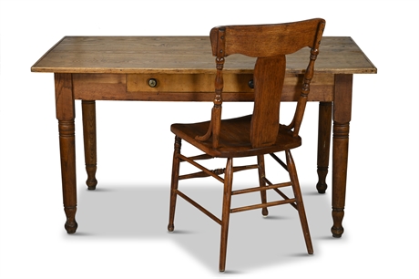 Antique Oak Farm Table with Chair