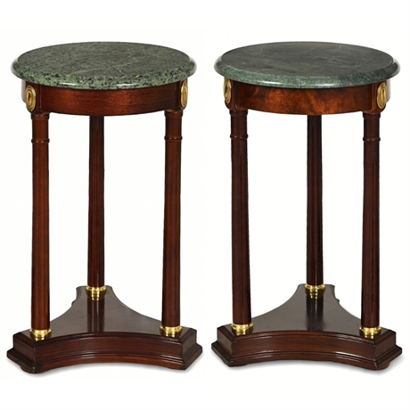 Green Marble-Top Empire Guéridon Side Tables — Pair, Brass