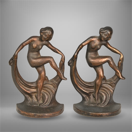 Pair Cast Iron Art Nouveau Nude Scarf Dancer Bookends