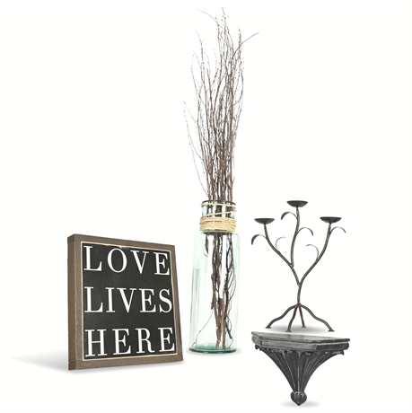 Decor Collection - Iron Candelabra, Wall Shelf & Jar with Twigs