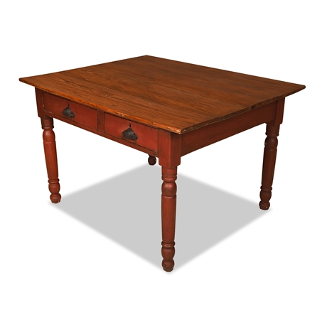 Antique Pine-Top Farmhouse Table, Red-Painted Base & Dovetail Drawers