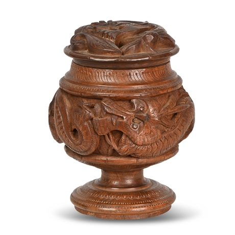 Chinese Carved Wooden Tea Caddy or Tobacco Jar