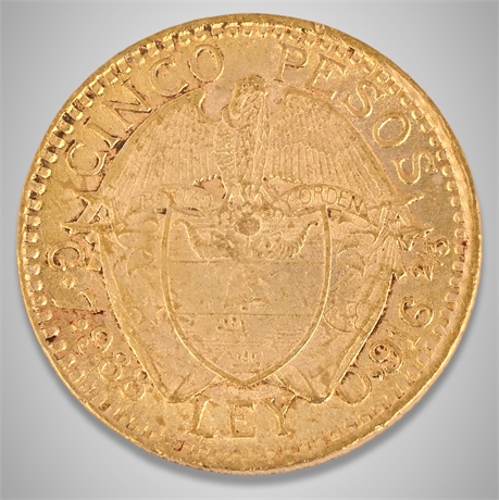 1917 Colombia 5 Pesos Gold – REPÚBLICA DE COLOMBIA – .9167 Gold