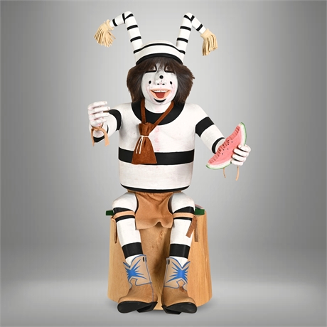 Manuel Cleveland Hano Clown Kachina — Signed, Second Mesa Hopi, 14" Seated