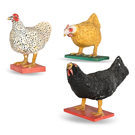 Hand-Painted Papier-Mâché Folk Art Hens "Gloria," "Carmela" & "Philippe," Set