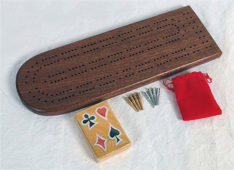 Handmade Cribbage Board with Metal Pegs and Cards