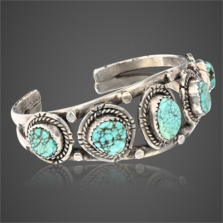 Vintage Navajo Sterling Silver #8 Turquoise Cuff Bracelet – 5 Stones, 40g