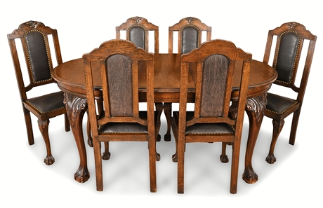 Antique Belgian Oak Dining Set – Ball & Claw Table & 6 Chairs w/ Leaves