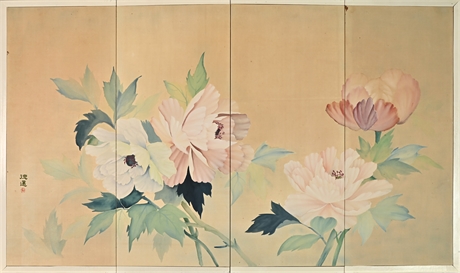 Mid-Century Hand-Painted 4 Panel Japanese Landscape Byōbu Silk Table Screen