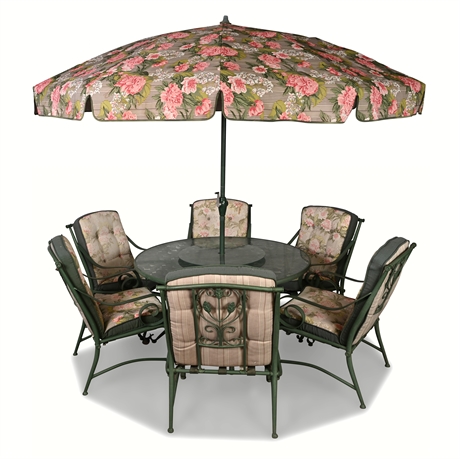 Martha Stewart Living Patio Set — 6 Metal Chairs, Glass Table & Umbrella