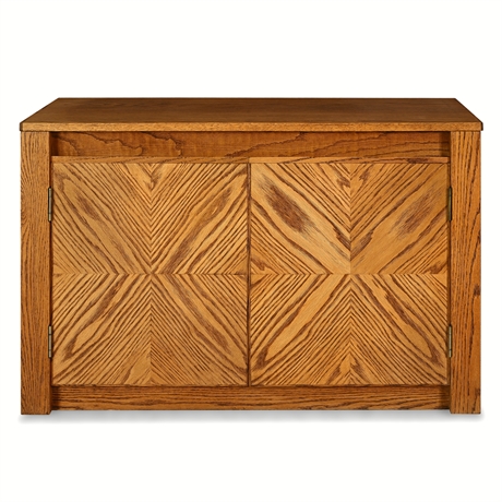 Oak Low Cabinet — Bookmatch Chevron Parquet Doors, 4-Door, 42"W