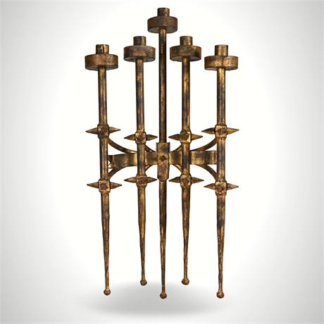 Vintage Spanish Brutalist Five-Arm Gilt Iron Wall Candelabra