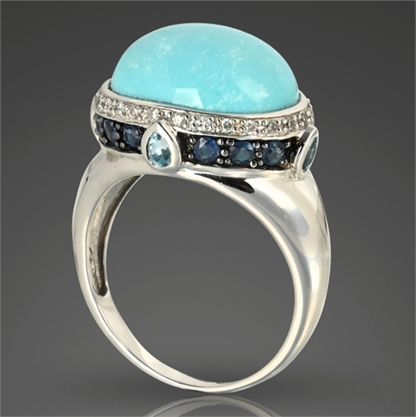 14K Persian Turquoise, Sapphire & Diamond Ring