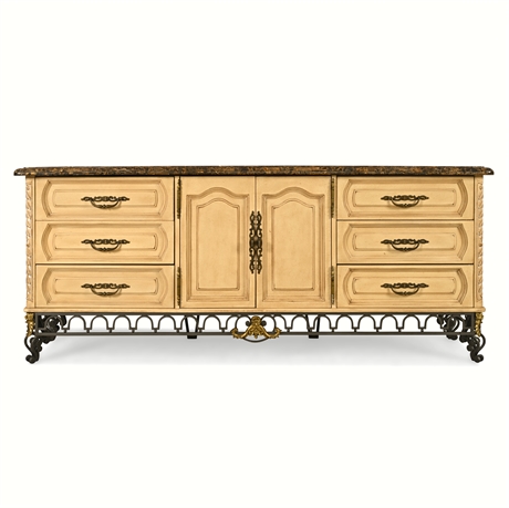 French Provincial Credenza, Stone Top, Brass Inlay & Iron Base