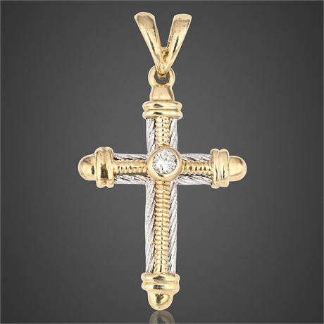 14K Gold Diamond Cross Pendant Two-Tone Unisex 3/16 CT Bezel