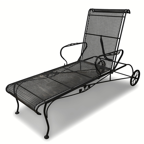 Mid-Century Wrought Iron Mesh Chaise Lounge w/ Wheels, Adjustable Backrest