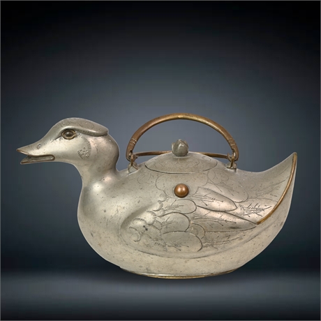 Vintage Chinese Pewter Duck Teapot
