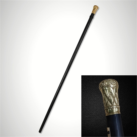 Wood Walking Cane — Gold-Filled Repousse Knob, Inscribed "Balzac" 1966