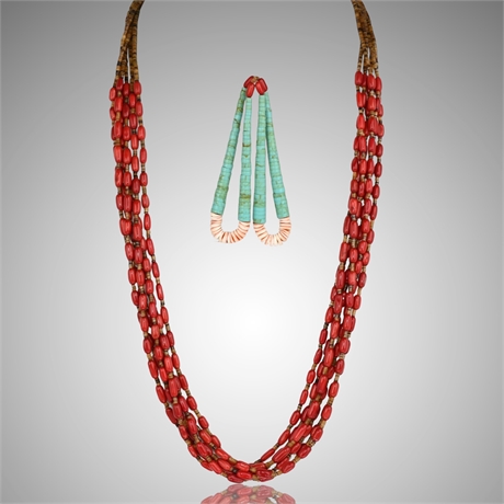 Santo Domingo (Kewa Pueblo) Sterling Silver, Coral, and Heishi Multi-Strand Neck