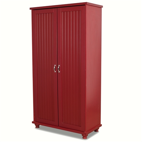 Red Wooden Storage Cabinet – Paneled Doors, Adjustable Shelves