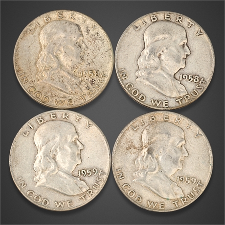 1958–1959 Franklin Half Dollars – Denver Mint – .900 Silver (4 Coins)