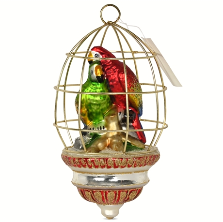 6.5" Hand-Painted Blown Glass Parrot Ornament in Bird Cage