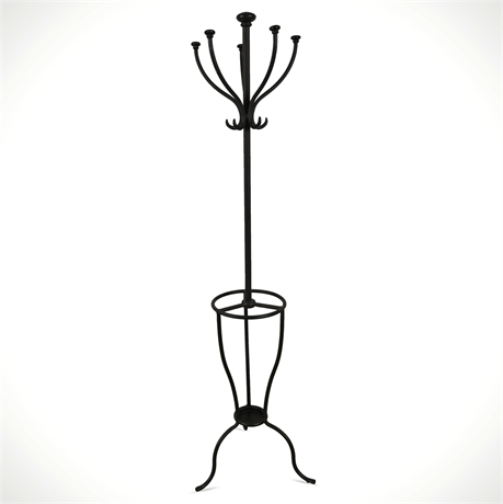 1940s Black Steel Hall Tree Coat Rack with Umbrella Stand, 59” Tall