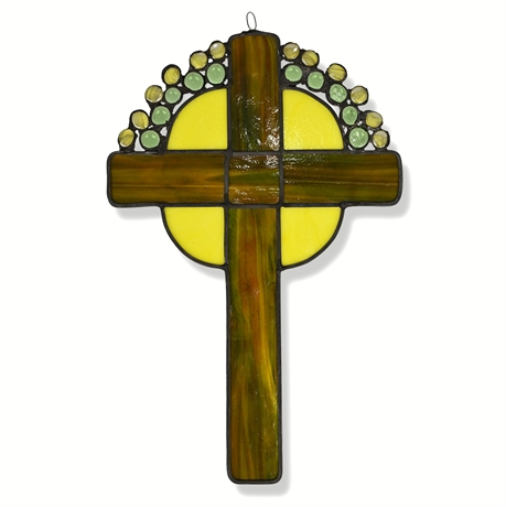 Celtic Cross Stained Glass Panel – Amber & Yellow, 15.5" x 10"