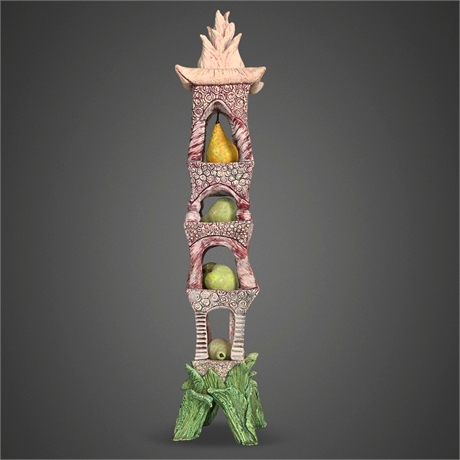 Suzanne Kane Signed Ceramic Tower Sculpture with Fruits, 2001