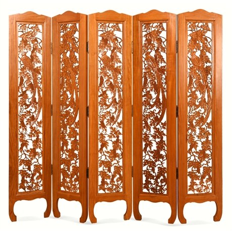 Hand-Carved Vintage Teak Room Divider, 5-Panel Design from Thailand