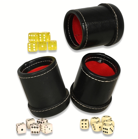 (3) Vintage Leather Dice Cups - Contrast Stitched, Felt Lined, with Dice