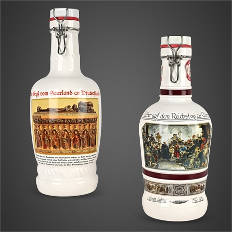 German Historic-Scene Ceramic Flip-Top Bottles Pair – 13" & 14"