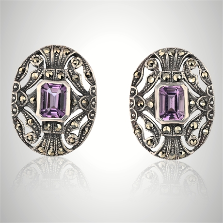 Vintage Sterling Amethyst & Marcasite Oval Earrings