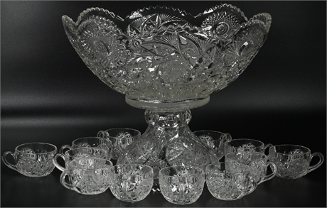 Antique Pedestal Punch Bowl with 12 Cups