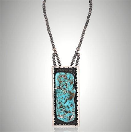 816ct Stormy Mountain Turquoise Navajo Pendant with Fluted Sterling Pearls