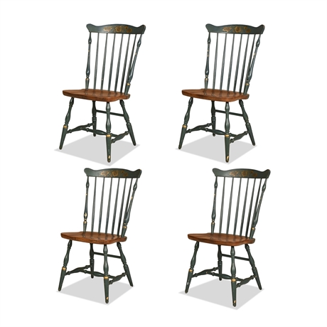 L. Hitchcock Green & Gilt Fan-Back Windsor Side Chairs, Set of 4